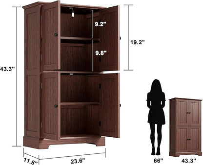 ChooChoo Bathroom Floor Cabinet, Farmhouse Bathroom Storage Cabinet with 4 Doors and Adjustable Shelves, Pantry Cabinet for Living Room, Kitchen, Walnut
