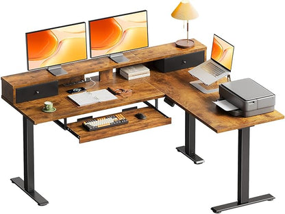 OffiGo 59 Inch L Shaped Electric Standing Desk with Drawers, Height Adjustable Corner Computer Desk with Keyboard Tray & Monitor Stand, Stand Up Table for Home Office Workstation, Rustic Brown