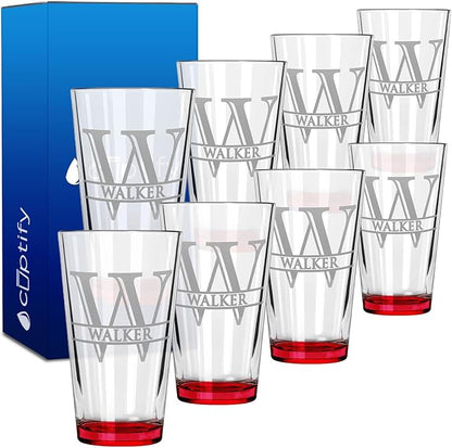 Personalized Beer Glasses Set of 8 Engraved Red 16oz Pint Glasses for Men & Women, Custom Drinking Gift for Birthdays, Weddings, Father’s Day & More