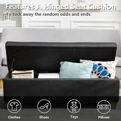 51 Inch Storage Ottoman, Storage Bench with Safety Hinge, Upholstered Synthetic Leather Ottoman Bench for Bedroom, Living Room, Entryway, Hallway, Foot Rest, Support 500lbs, Black