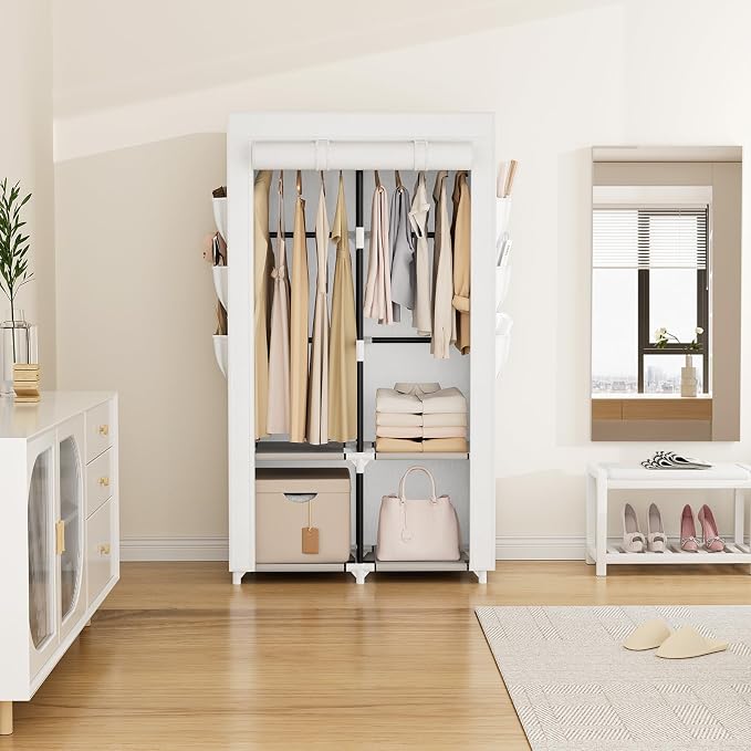 VTRIN Portable Closet Wardrobe Closet for Hanging Clothes with 4 Storage Shelves, 2 Hanging Rods and 6 Pockets, Stable and Easy Assembly Clothes Rack with Cover Free Standing Closet White