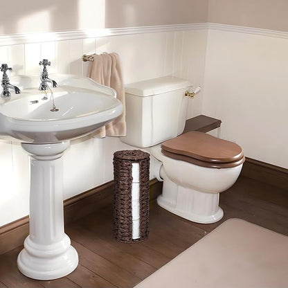 4 Mega Rolls Extra Toilet Paper Storage with Lid, Waterproof Plastic Wicker Toilet Paper Holder Basket Stand, Decorative Boho Covered Enclosed Toilet Tissue Organizer for Bathroom, Brown