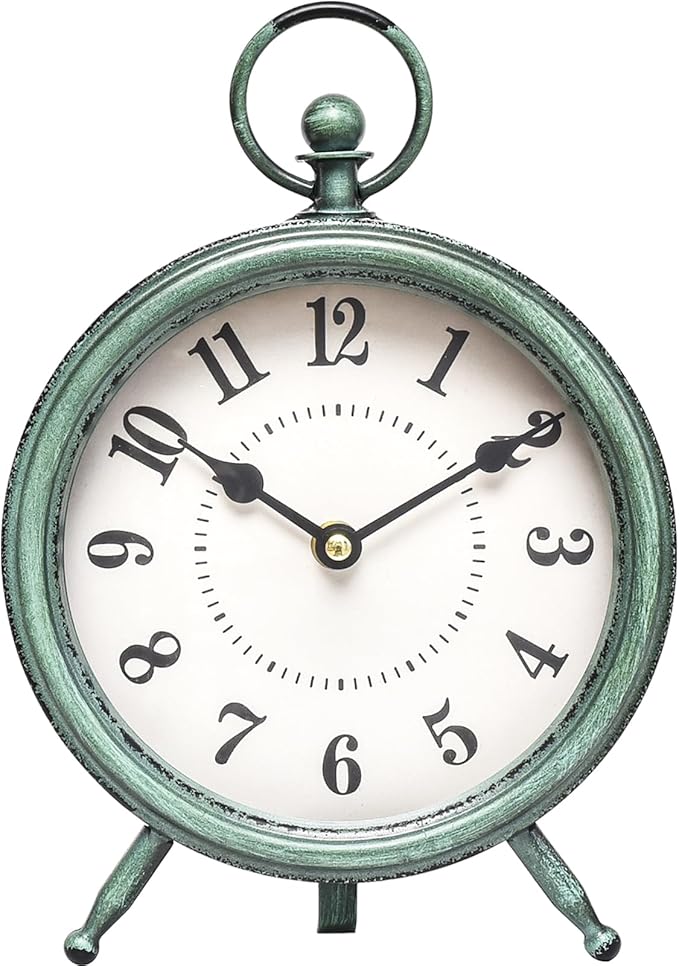 MACVAD EMAX Home Vintage Green Rustic Retro Table Clock, Silent Non-Ticking, Battery Operated, 10.5"H, 7.28"W, Green Dial, Tabletop, Indoor, Kitchen