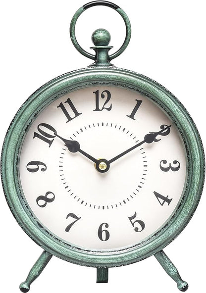 MACVAD EMAX Home Vintage Green Rustic Retro Table Clock, Silent Non-Ticking, Battery Operated, 10.5"H, 7.28"W, Green Dial, Tabletop, Indoor, Kitchen