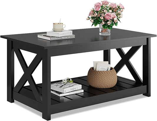 WLIVE Farmhouse Coffee Table for Living Room, 40.1" Rustic Center Table with X-Frame Support & Storage Shelf, 2-Tier Wood Coffee Tables for Bedroom & Balcony, Charcoal Black