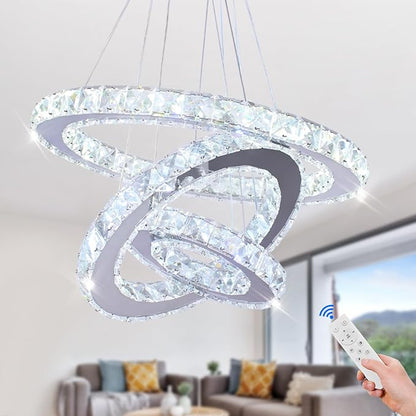 Chandelier LED Crystal Chandelier Lighting Dimmable LED Chandeliers Modern Ceiling Light Fixture 3 Rings Adjustable Stainless Steel Pendant Light for Bedrooms Living Room