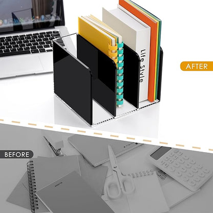 SANRUI Acrylic Magazine File Holder Desktap Organizer, Clear Folder Rack Workspace Document Sorters, Bookend File Office Accessories Organization Storage, (Black 3 Vertical Compartments)