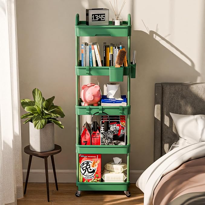 Sorgion 5 Tier Rolling Cart Organizer,Bathroom Cart Organizers with Wheels Laundry Room Organization Mobile Shelving Unit Utility Cart Storage Shelves Multi-Functional for Office, Home(Green)