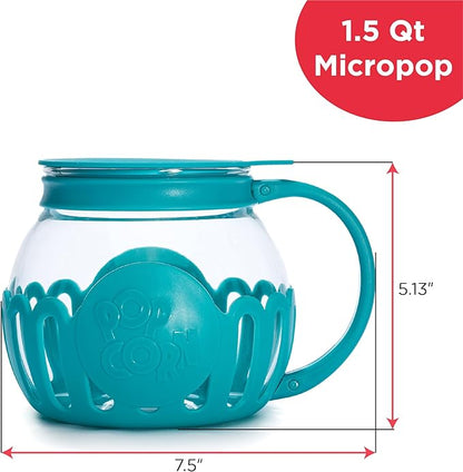 Ecolution Patented Micro-Pop Microwave Popcorn Popper with Temperature Safe Glass,3-in-1 Lid Measures Kernels and Melts Butter,Made Without BPA,Dishwasher Safe,1.5-Quart,Teal,(Pack of 4)