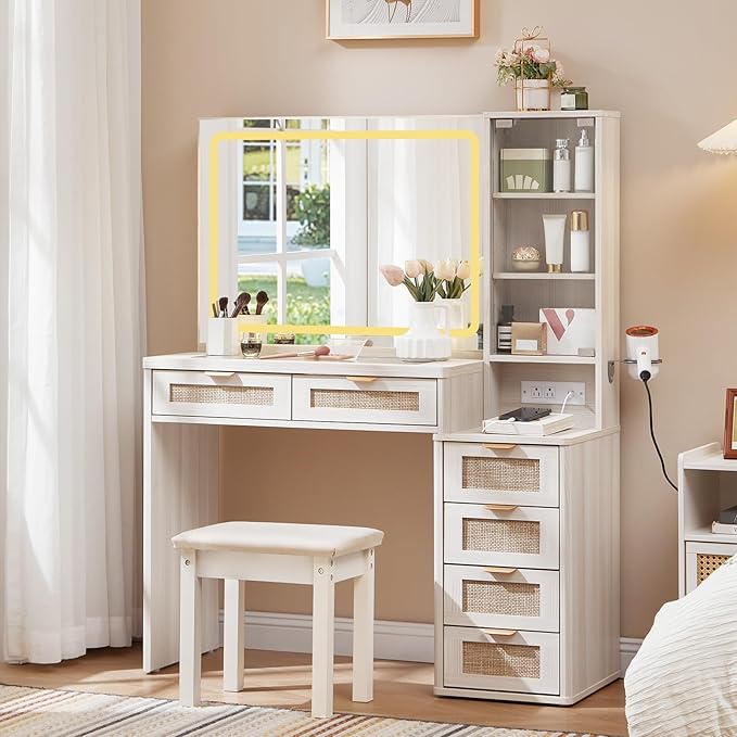 LEYAOYAO White Vanity Desk with Mirror and Lights, 43.5'' Makeup Vanity Set with Stool 6 Drawers and Adjustable Shelves, Rattan Wood Make Up Vanity with Glass Top and Power Outlet for Bedroom