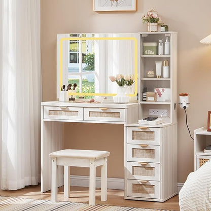 LEYAOYAO White Vanity Desk with Mirror and Lights, 43.5'' Makeup Vanity Set with Stool 6 Drawers and Adjustable Shelves, Rattan Wood Make Up Vanity with Glass Top and Power Outlet for Bedroom