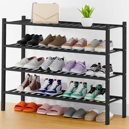Smiry Long Bamboo Shoe Rack, 4 Tier Free Standing Wooden Shoe Organizer, Stackable Wood Shoe Storage Shelf for Closet, Entryway, 14 Vertical Slats, 2+2 Stack Heavy-Duty Legs, 33.7"x11"x26", Black