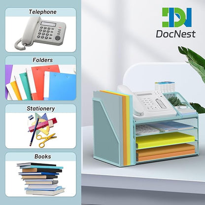 DocNest 4 Tier Paper Letter Tray File Organizer, Mesh Desk File with Handle, Workspace Desk Organizers with Pen Holder, Office Organization Storage Accessories - Blue