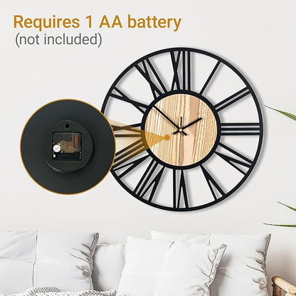 Blorple 20inch/50cm Large Wall Clocks for Living Room Decor,Bedroom,Battery Operated,Metal,Decorative,Analog,Silent,Non Ticking Big Wall Clock(Wooden Roman Numerals, 20 inches)