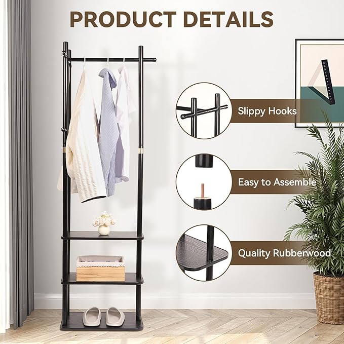 Wood Coat Rack Freestanding Clothing Rack with 3 Storage Shelves and 5 Hooks Coat Tree Heavy-Duty Garment Rack for Corner Entryways Living Rooms and Bedrooms, Black