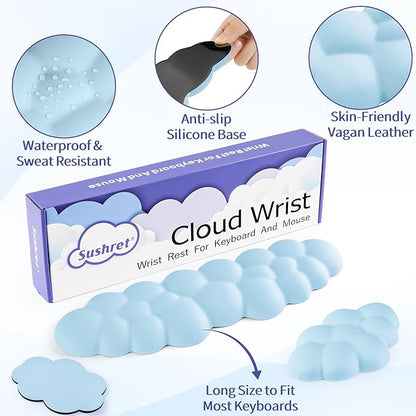 Sushret Cloud Wrist Rest Keyboard, Cloud Keyboard Wrist Pad Set with PU Leather Memory Foam, Cute Arm Rest for Palm Support, PC/Gaming Desk Accessories/Office Setup/Computer Hand Cushion - Blue