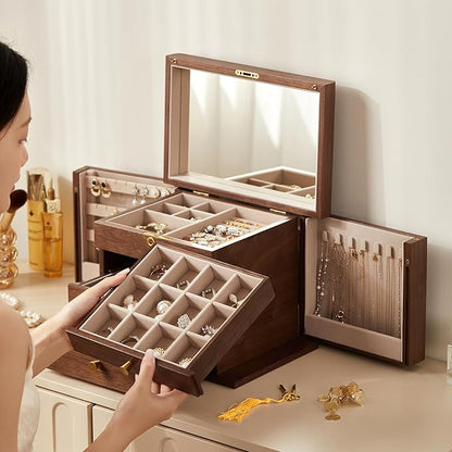Black Walnut Wooden Jewelry Box, Wood Jewelry Organizer with 2 Side Doors Mirror Lockable Classical Style for Watch Necklace Ring Earring Storage Christmas Gifts-4 Layer