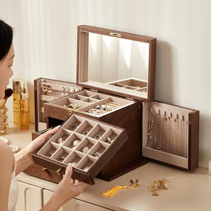 CHOSIN Black Walnut Wooden Jewelry Box, 4-Layer Lockable Wood Jewelry Organizer with Mirror, Side Doors & Brass Handle, Classical Design for Rings, Necklaces, Earrings, Watches, Christmas Gifts