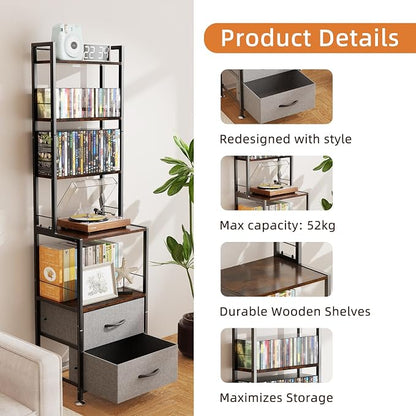 DVD Storage, Mutli 7-Tier DVD Storage Rack and Shelving, DVD Dispaly Shelf, CD Rack Tower for DVDs CDs Book Organizer with Drawers, Media Shelf, Manga Bookshelf for Gaming Media Moive Room