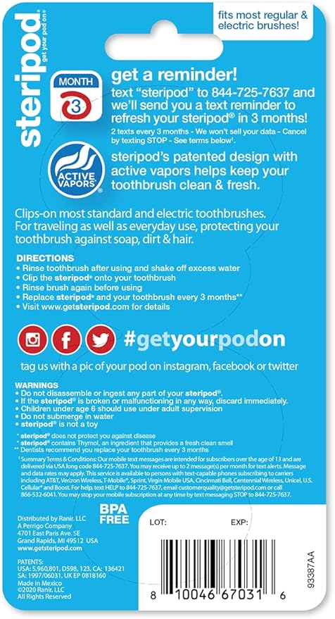Steripod Kids' Clip-On Toothbrush Protector, Keeps Toothbrush Fresh and Clean, Fits Most Manual and Electric Toothbrushes, Red and Blue Glitter, 2 Count