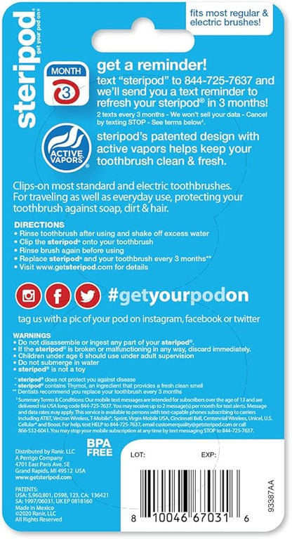 Steripod Kids' Clip-On Toothbrush Protector, Keeps Toothbrush Fresh and Clean, Fits Most Manual and Electric Toothbrushes, Red and Blue Glitter, 2 Count