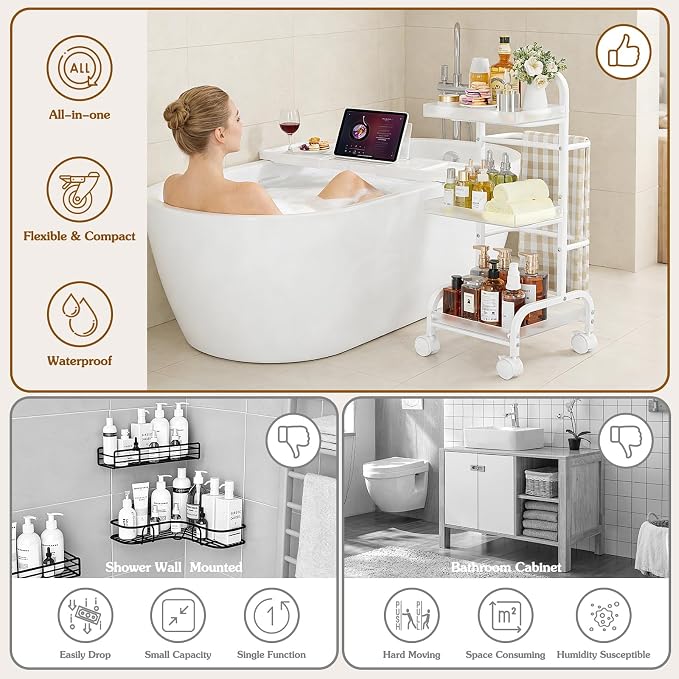 Bathroom Cart with Bathtub Tray Holder, Bathroom Organizers and Storage, Small Slim Shelf Organizer with Bath Tub Caddy Rack, 3 Tier Narrow Skinny Acrylic Rolling Cart for Laundry Room Living Room