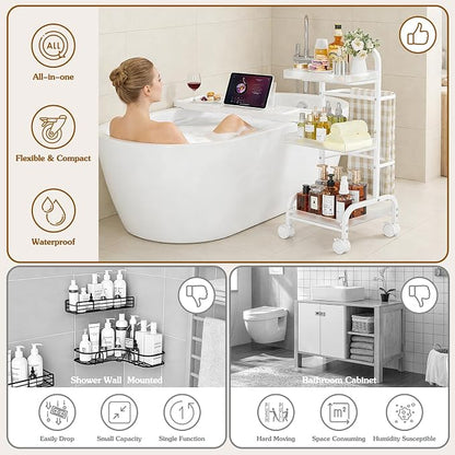 Bathroom Cart with Bathtub Tray Holder, Bathroom Organizers and Storage, Small Slim Shelf Organizer with Bath Tub Caddy Rack, 3 Tier Narrow Skinny Acrylic Rolling Cart for Laundry Room Living Room