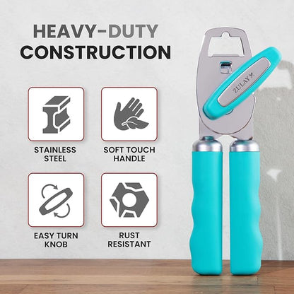 Zulay Kitchen Heavy Duty Stainless Steel Can Opener Manual with Bottle Opener - Rust Proof Manual Can Opener With Turn Knob & Comfy Soft Grip Handles - Turquoise