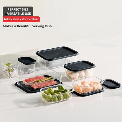 EATEX 7 Pack Glass Meal Prep Containers with Grooved Base, 7 Stackable BPA Free Glass Storage Containers with Lids for Lunch, Pantry, and Kitchen - Microwave, Dishwasher Freezer & Oven Safe - Black