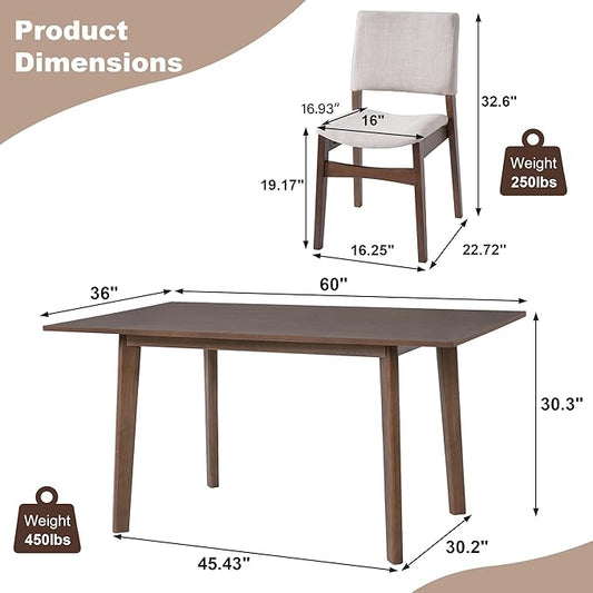 5-Piece Dining Set Modern Dinner Table Set for 4, Wood Dining Table with 4 Upholstered Chairs, 60" Rectangular Table with Stackable Chairs Padded Seat Backrest for Dining Room Kitchen Apartment,Walnut