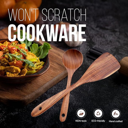 2 Piece Teak Wood Utensil Set - Handmade Spatula and Serving Spoon for Nonstick Cookware - Heat-Resistant & Non-Toxic Wooden Cooking Utensils - Essential Kitchen Gift Set