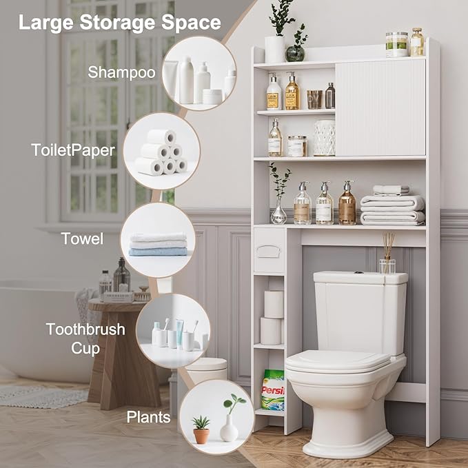 31.5" W Over The Toilet Storage Cabinet with Sliding Door, Bathroom Above Toilet Storage Cabinet with Adjustable Shelves, Toilet Paper Holder, Space Saver Cabinet for Bathroom, White