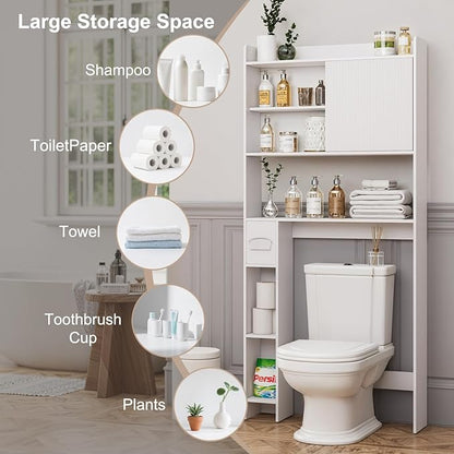 31.5" W Over The Toilet Storage Cabinet with Sliding Door, Bathroom Above Toilet Storage Cabinet with Adjustable Shelves, Toilet Paper Holder, Space Saver Cabinet for Bathroom, White