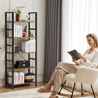 Sweetcrispy Book Shelf, 5 Tier Bookcase, Modern Tall Bookshelf Corner Storage Organizer for Garage Kit, CDs, Movies Suitable Home Office Bedroom, Kitchen, Living Room - Brown