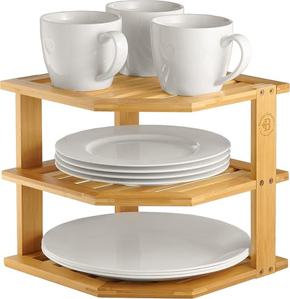 Cabinet Organizer Shelf - Bamboo Corner Rack for Kitchen Counter, Cabinet Space Saver for Plates, Dishes, Bowls, Bread - Pantry and Bathroom Storage or Countertop - Useful Home & Housewarming Gift | Kitchen Counter, Cabinet Space Saver, Plates, Dishes,...