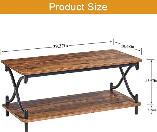 VECELO Coffee Table for Living Room with Round Corners Modern Farmhouse Center Table with Storage Shelf for Home Office 39 Inch, Easy Assembly, Retro Brown