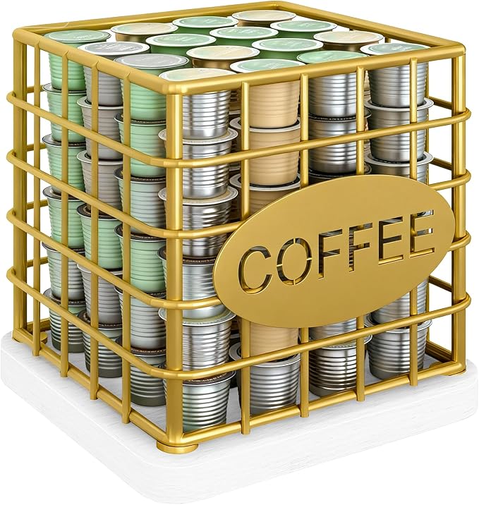 YATINEY Coffee Pod Holder for K Cup, Large Capacity Coffee Pod Organizer, Versatile Coffee Capsule Storage Basket with Wooden Base, Gold and White KH10DW