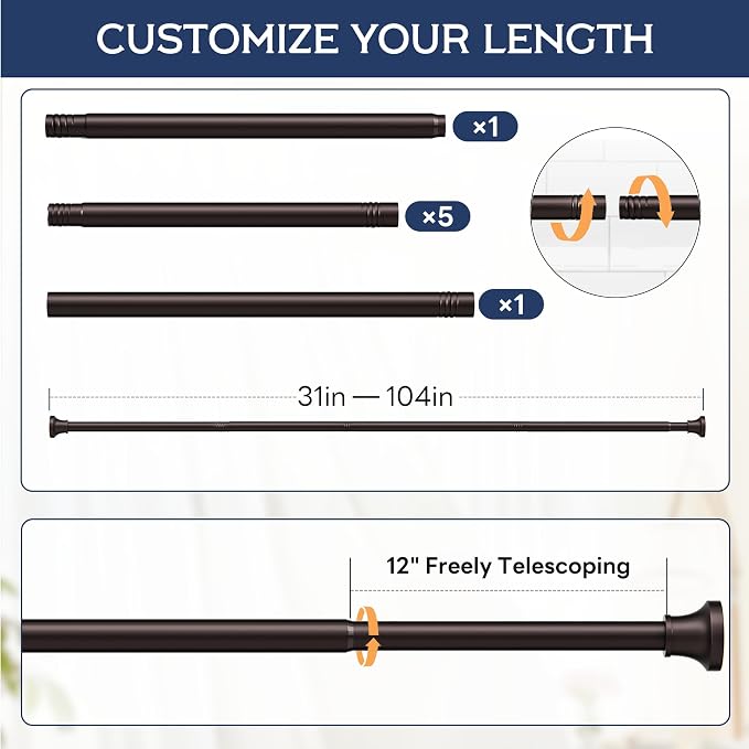 Adjustable Shower Curtain Rod 31-104 Inch, Never Rust Stainless Steel Brown Tension Rod, 1" Heavy Duty No-Drill for Bathroom, Kitchen & Closet