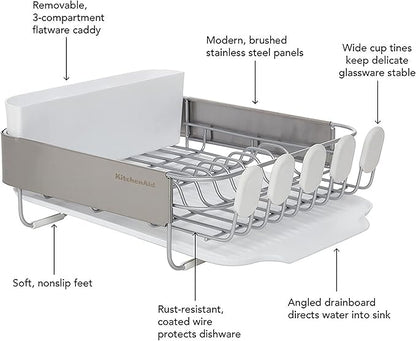 KitchenAid Compact Satin Wire Rust Resistant, Expandable Dish Rack with Angled Self Draining Drainboard with Removable Flatware Caddy, 23.18-Inch, Gray