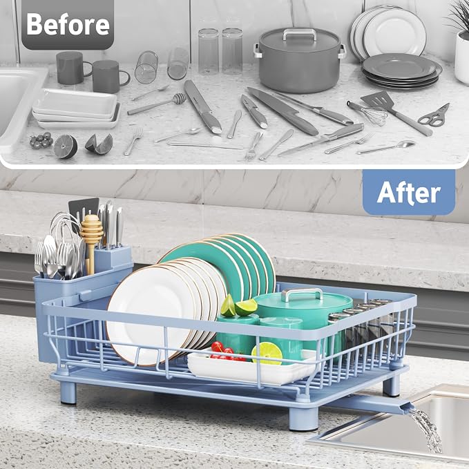 Dish Drying Rack - Space Saving Dish Rack - Dish Racks for Kitchen Counter with Drainboard,Rustproof Dish Drainer with Removable Utensil Holder,Blue