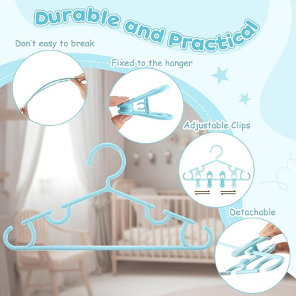 Hsei 5/10/40 Pack Baby Hangers with 10/20/80 Clips, Plastic Kids Pants Hangers for Nursery Closet Top and Bottom Clothes Hanger Set for Newborn Infant Toddler(120 Packs Total,Sky Blue,10.6 Inch)