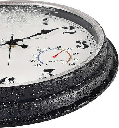 45MinST 16 Inch Silver Vintage Large Indoor/Outdoor Waterproof Wall Clock with Thermometer & Hygrometer, Silent Non-Ticking Quartz Timepiece for Home, Porch, Garden