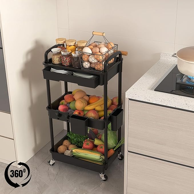 LLMRR 3 Tier Rolling Utility Cart with Drawer, Plastic Storage Organizer Rolling Carts with Wheels Handles Hanging Cups Hooks for Office, Bathroom, Kitchen,Craft Art Room (Black)