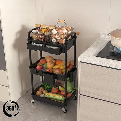 LLMRR 3 Tier Rolling Utility Cart with Drawer, Plastic Storage Organizer Rolling Carts with Wheels Handles Hanging Cups Hooks for Office, Bathroom, Kitchen,Craft Art Room (Black)