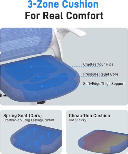 Ergonomic Mesh Office Chair for Home Office, Flip-Up Arms, Breathable Mesh Back & Thick Seat Cushion, Swivel Rolling Computer Desk Chair – BIFMA Certified, Supports 300 lbs (White Frame/Blue Seat)