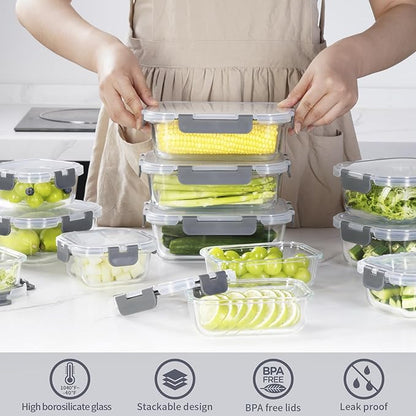 AILTEC 12 Pack Glass Food Storage Containers with Lids, Glass Meal Prep Containers Set with Leak Proof Lids, Airtight Lunch Container for Kitchen, Microwave, Oven, Freezer, Dishwasher Safe, Bpa free