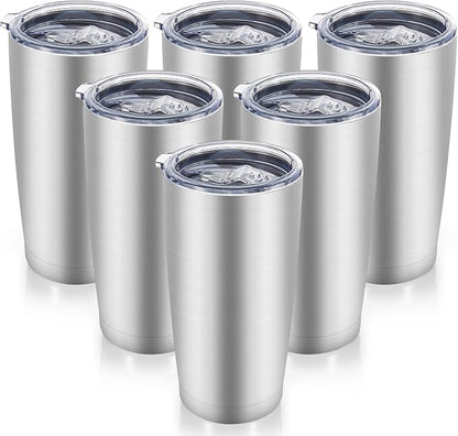 20 oz Tumblers Bulk Stainless Steel Tumbler with Lid Double Wall Vacuum Insulated Coffee Mug 20oz Powder Coated Cup for Hot and Cold Drinks, Stainless, 6 pack