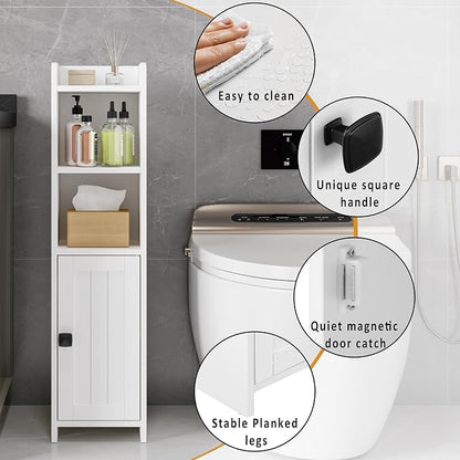 Lomojo Small Bathroom Storage Cabinet Corner, Floor Cabinet with Adjustable Shelves, Freestanding Narrow Bathroom Toilet Paper Organizers for Small Spaces, White