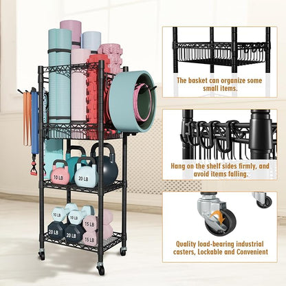 FUTASSI Home Gym Storage, 3 Tiers Workout Equipment Organizer with Wheels for Yoga Mats, Foam Roller, Dumbbells, Kettlebells, and Resistance Bands