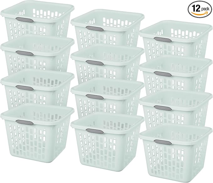 Sterilite Laundry Basket, Plastic Clothes Hamper, Large Square Bin with Comfort Grip Handles and Reinforced Rim, 1.5 Bushel Capacity, Mint, 12 Pack